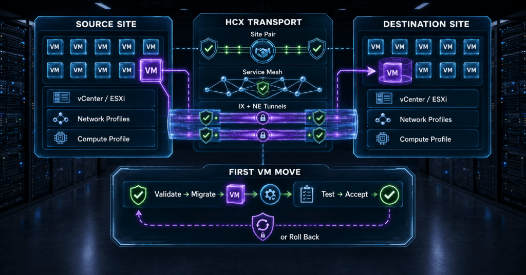 HCX 9.1 Migration Runbook: Network Profiles, Compute Profiles, Service Mesh, and First VM Move HCX 9.1 Migration Runbook: Network Profiles, Compute Profiles, Service Mesh, and First VM Move