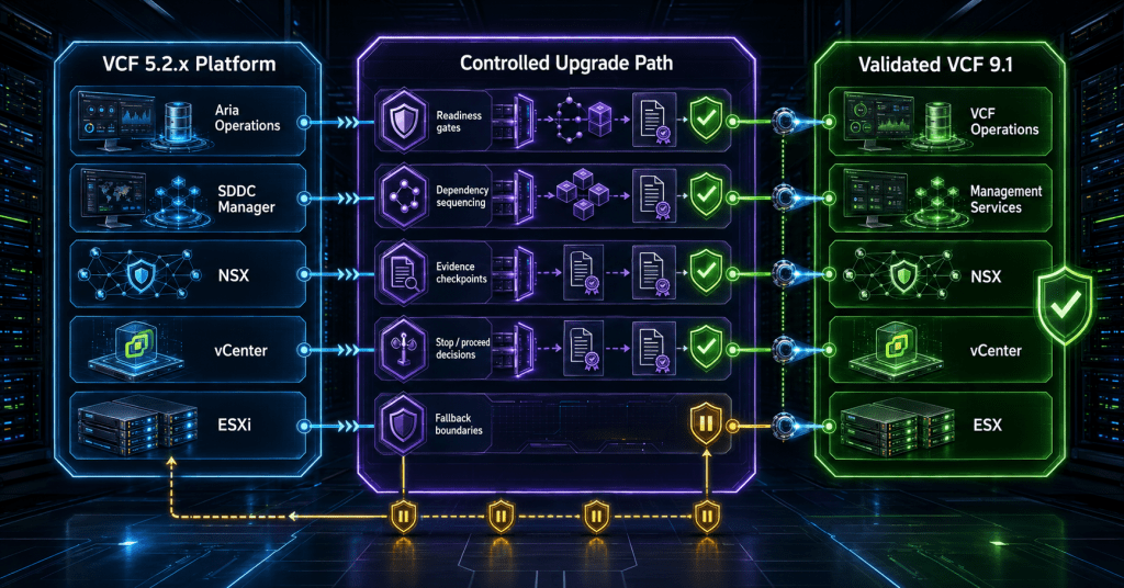 VCF 5.2.x to 9.1 Upgrade Runbook: Exact Sequence, Dependencies, Downtime, and Validation VCF 5.2.x to 9.1 Upgrade Runbook: Exact Sequence, Dependencies, Downtime, and Validation